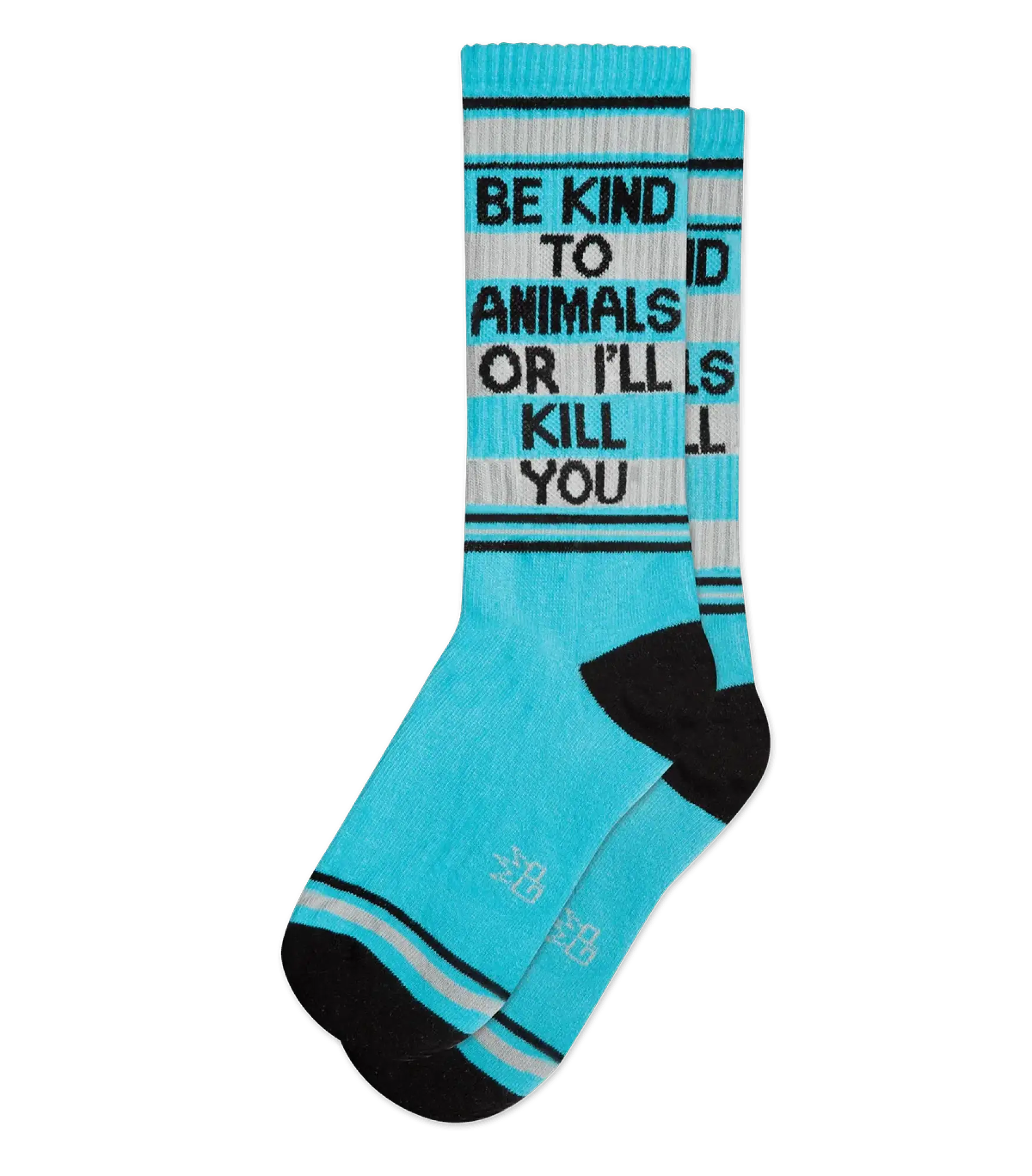 Be kind to animals crew socks featuring turquoise and black stripes with a bold be kind to animals or ill kill you message in black text