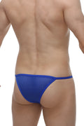 Kini macra blue blue mesh thong with a snug form-fitting design showcasing the back side of the product