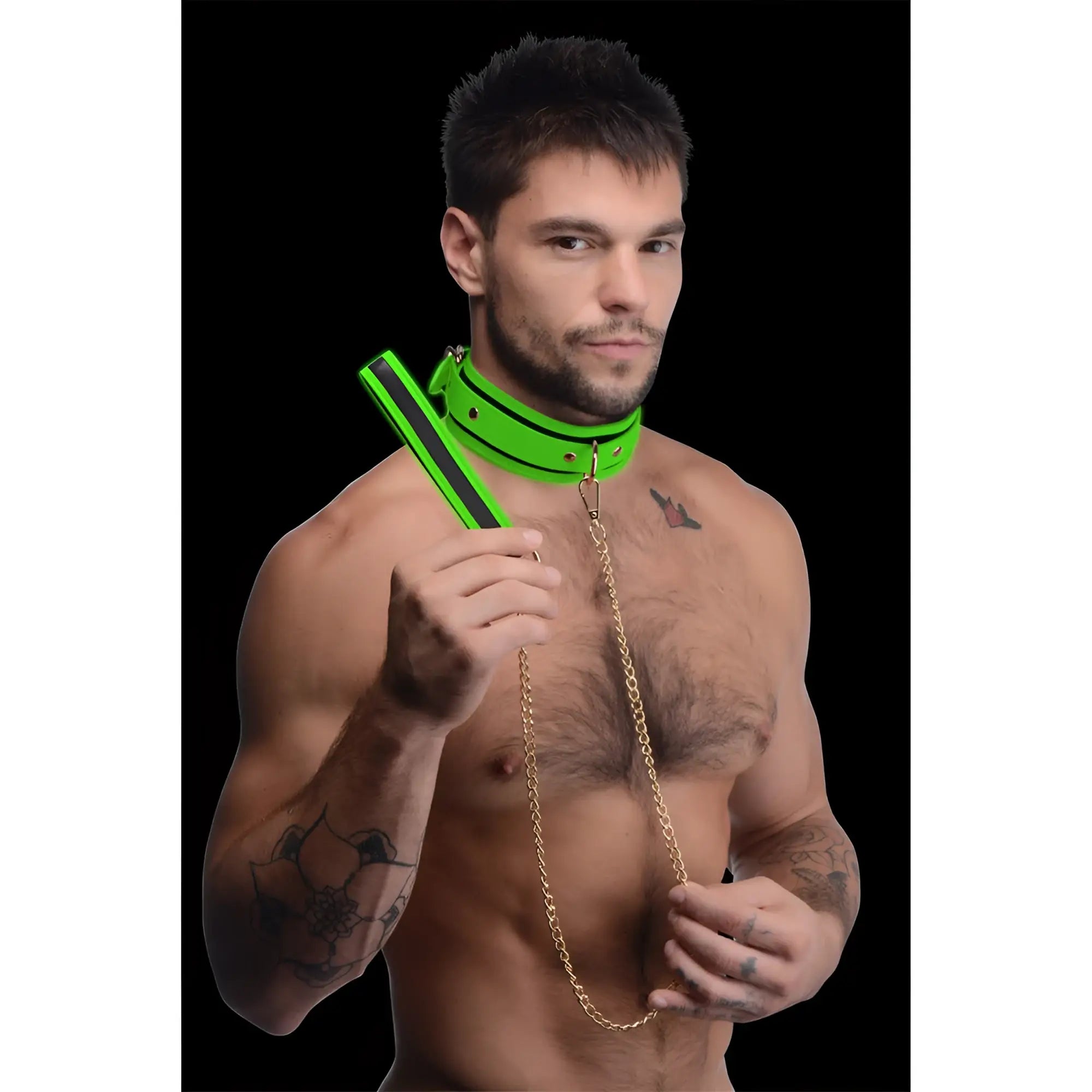 Bright green leather kink in the dark glowing collar with black stripe and gold chain leash for nighttime use