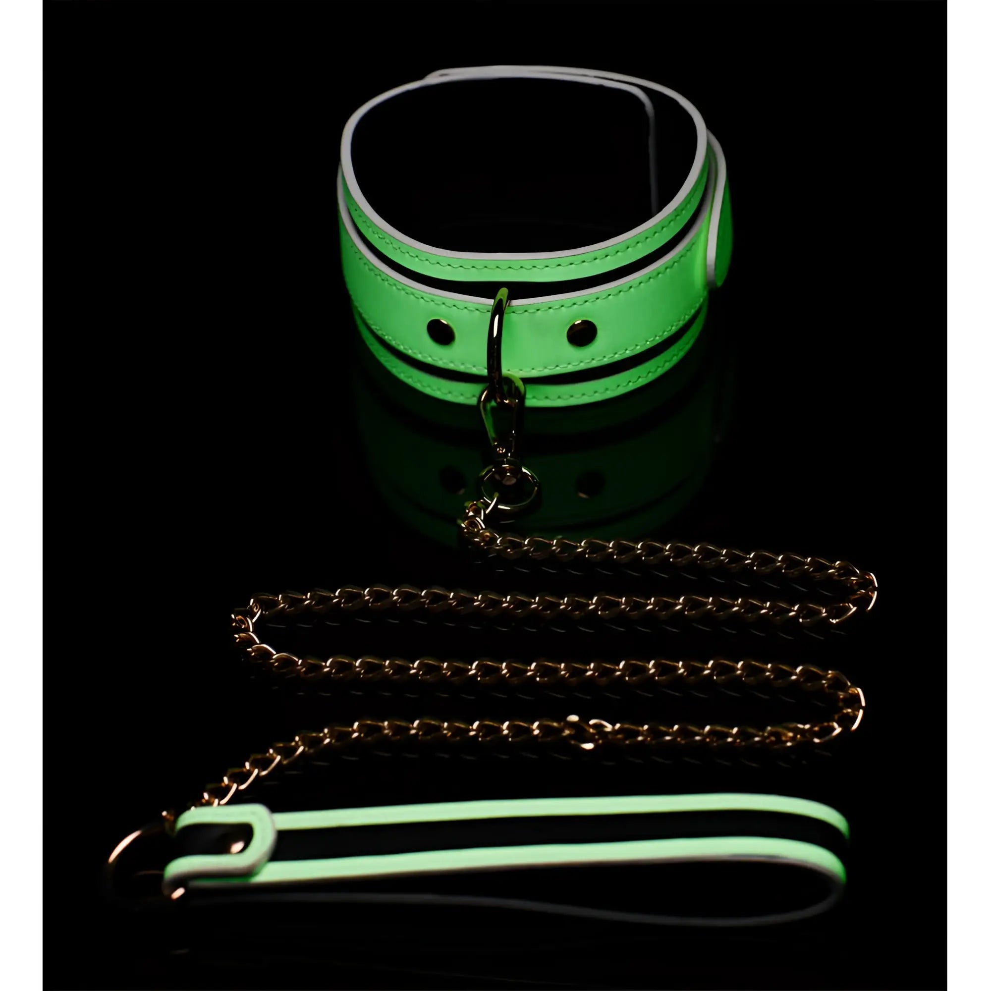 Kink in the Dark glowing collar with leash featuring neon green glow-in-the-dark leather and silver trim with chain