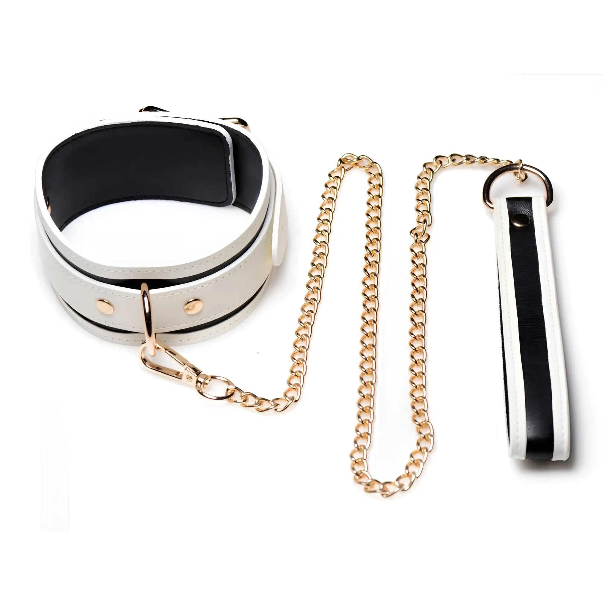 White leather kink in the dark glowing collar with black interior gold-tone hardware and matching leash and wrist strap