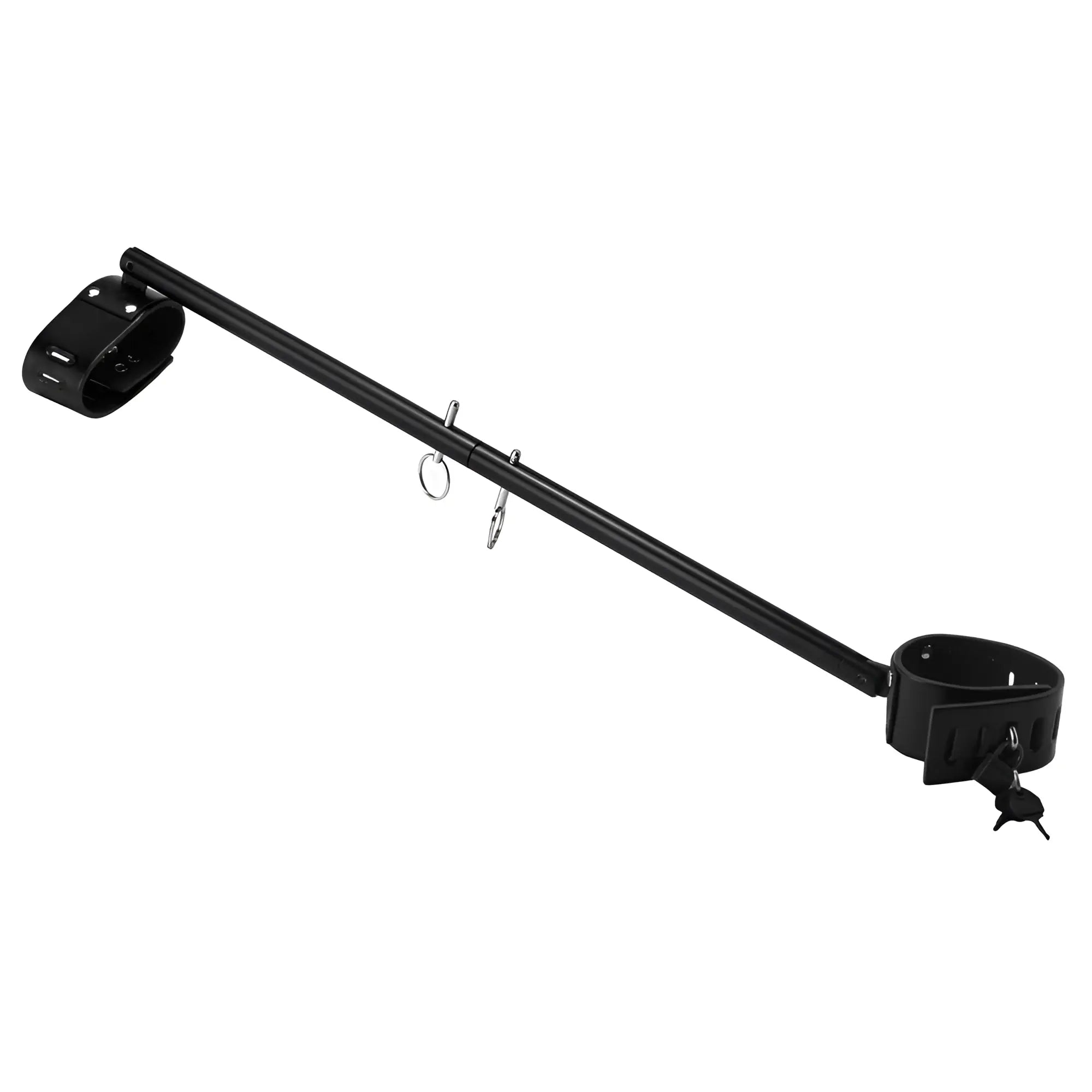 Kink Industries adjustable black spreader bar with attached leather-style cuffs and central metal ring, isolated on white.