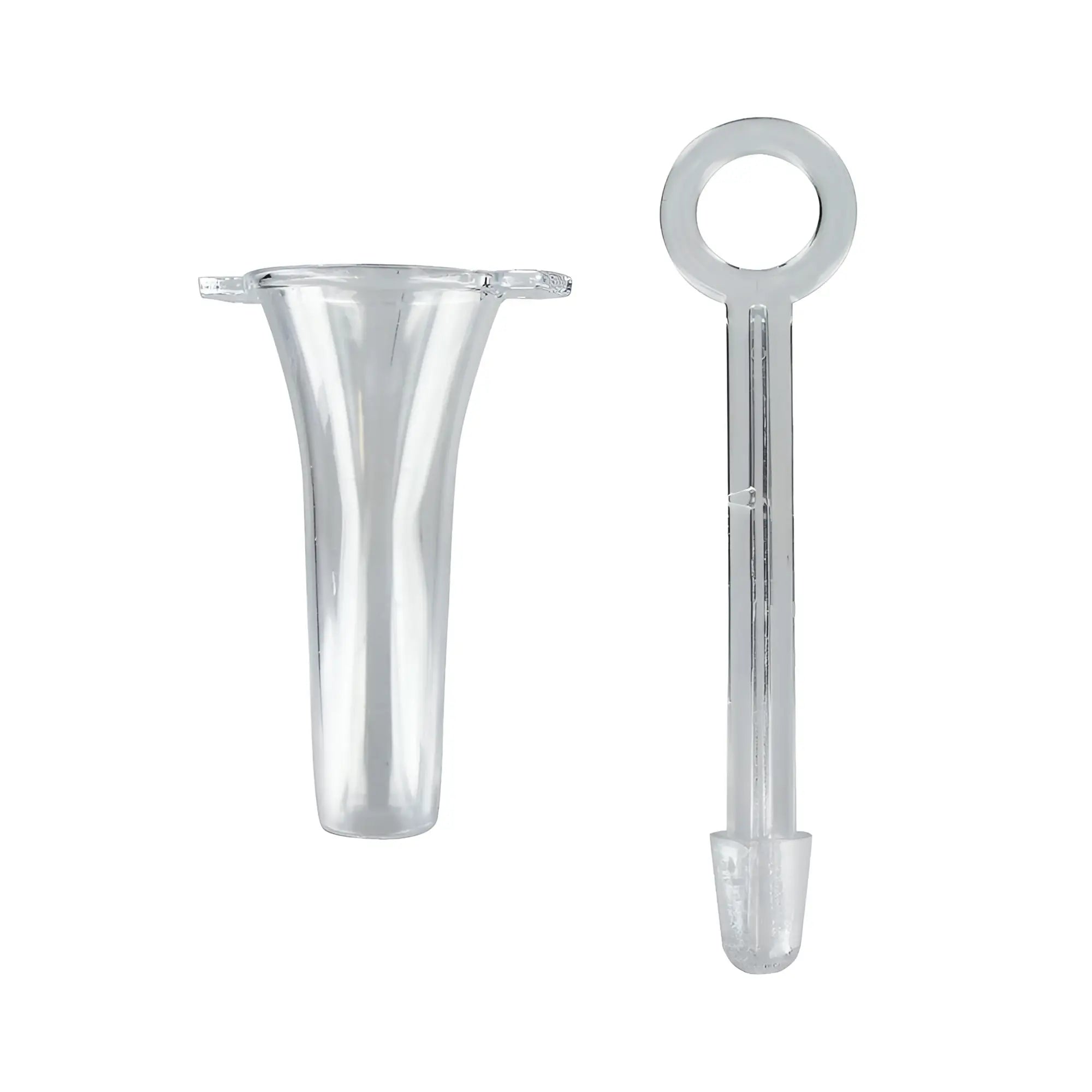 Kink Industries clear plastic proctoscope, featuring a flared speculum and a separate insertion rod with a ring handle.