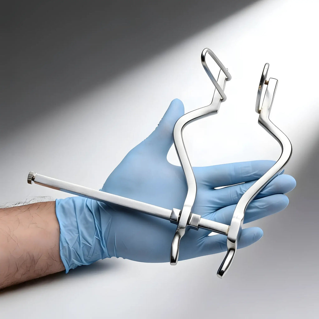 Kink Industries Anal Spreader: A polished chrome, medical-style metal tool held in a gloved hand against a grey background.