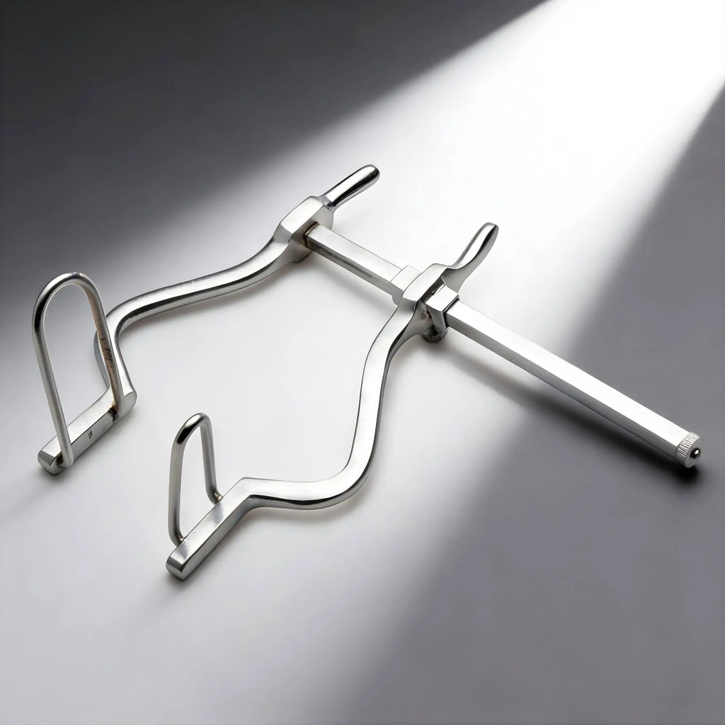 Kink Industries silver metal anal spreader with an adjustable sliding mechanism and two arched insertion prongs.