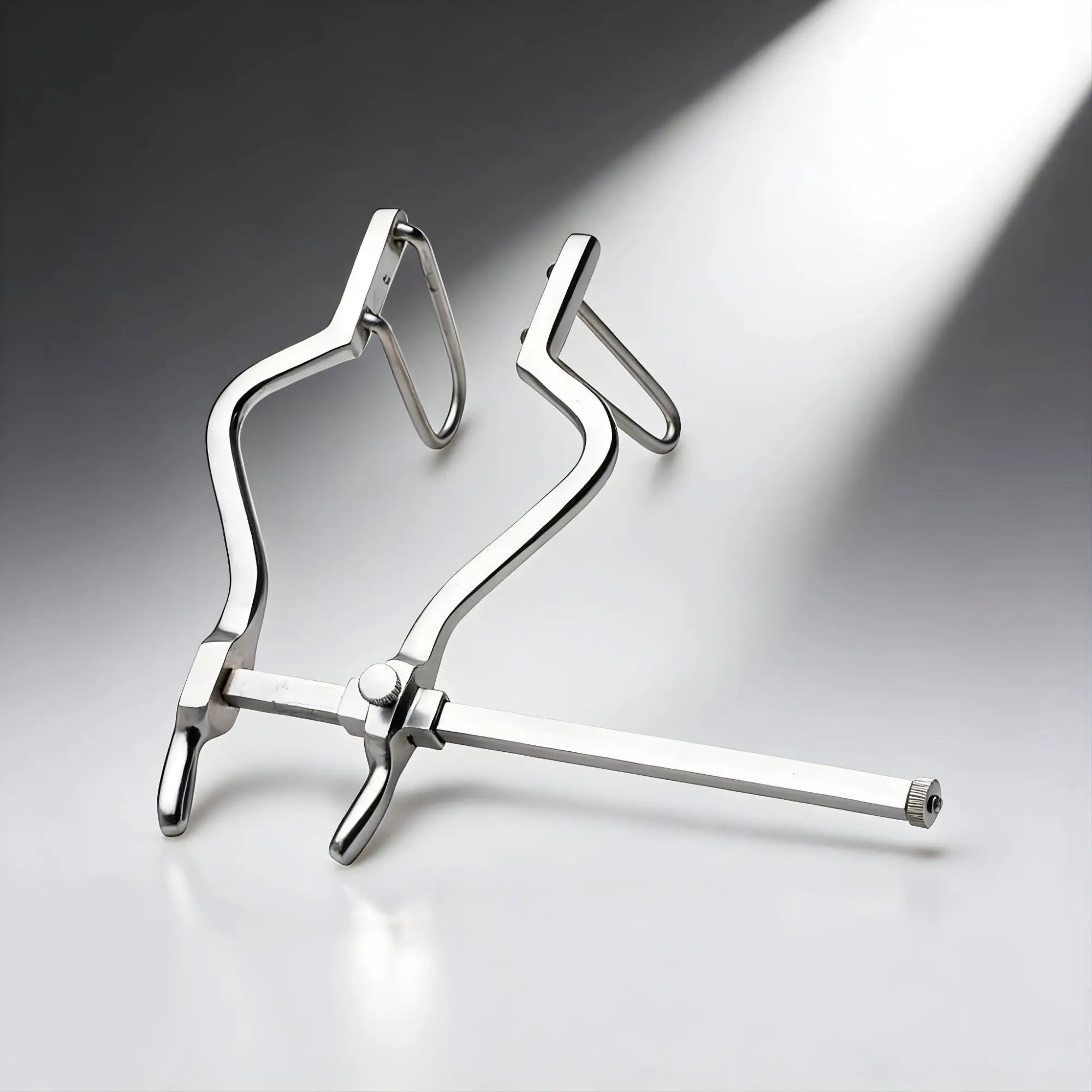 Kink Industries silver metal anal spreader featuring adjustable contoured arms and a locking screw mechanism.