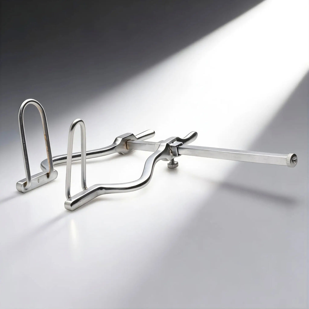 Kink Industries anal spreader: a silver, stainless steel medical-style tool with adjustable arms and a sliding bar.