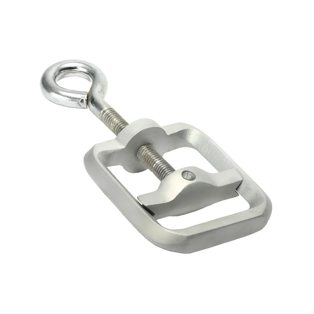 Kink Industries silver metal ball crusher device with an adjustable screw clamp mechanism, isolated on white.