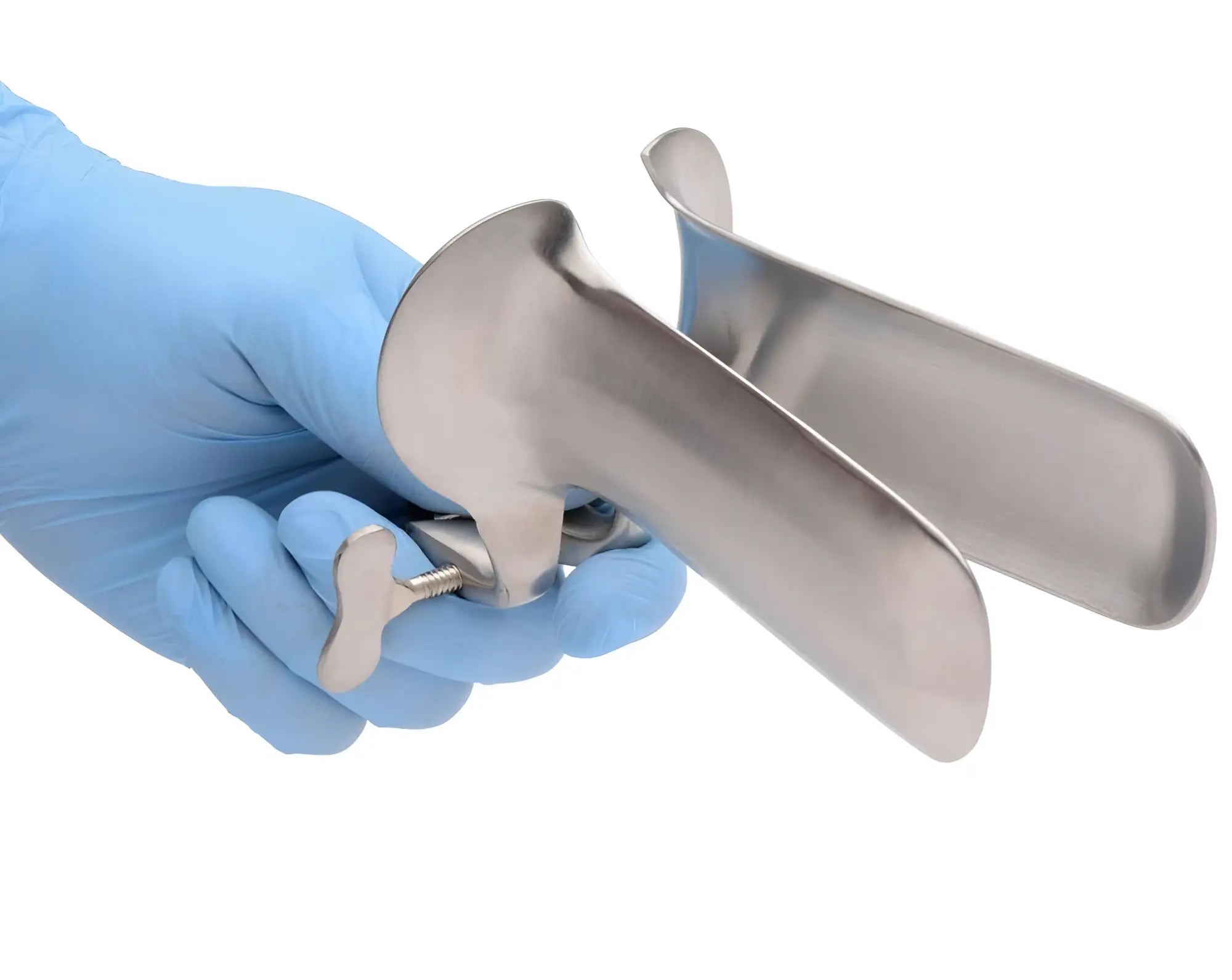 A hand in a blue medical glove holds a stainless steel Kink Industries Collins speculum against a white background.