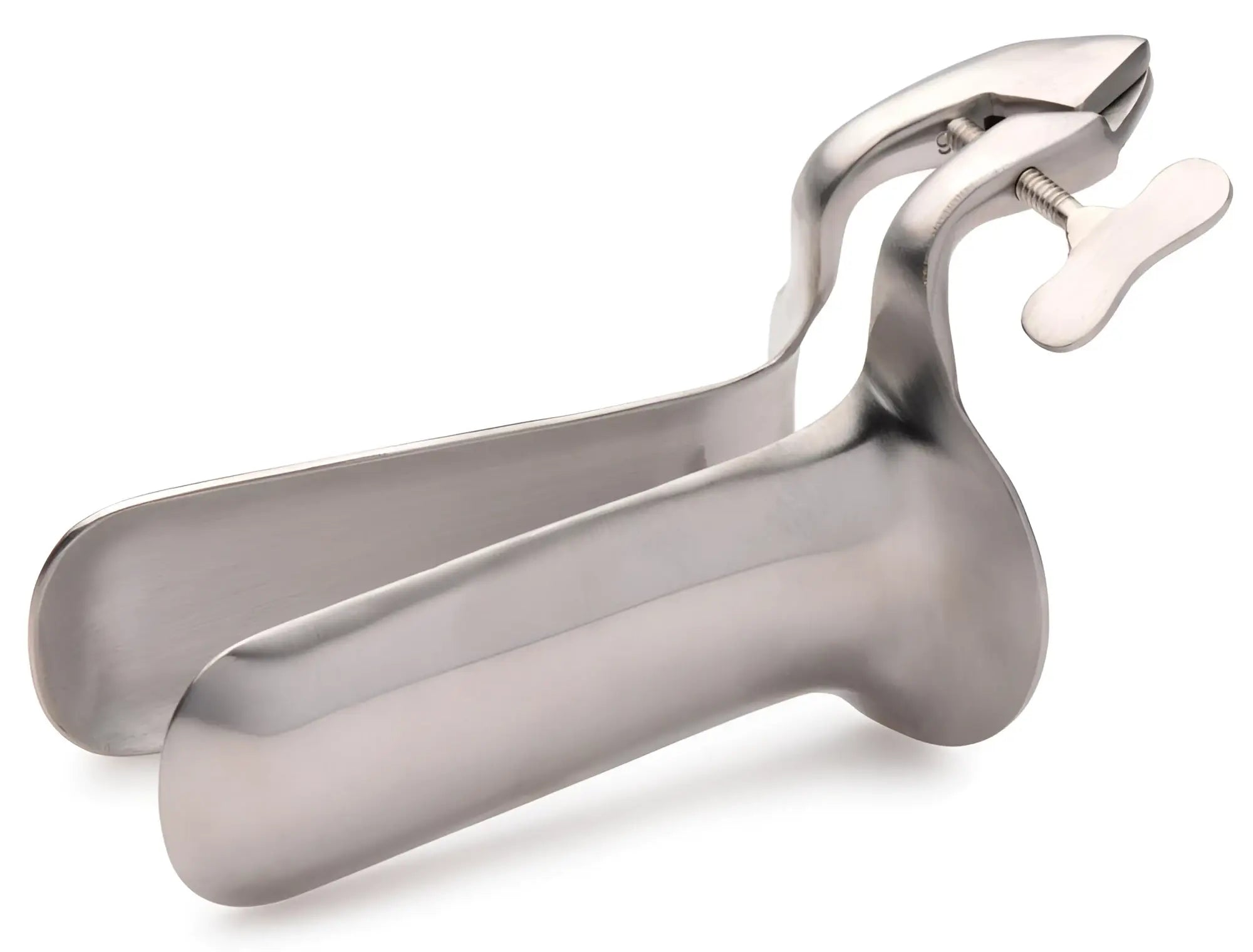 Kink Industries Collins speculum: A silver-colored, medical-style metal tool with an adjustable screw mechanism.