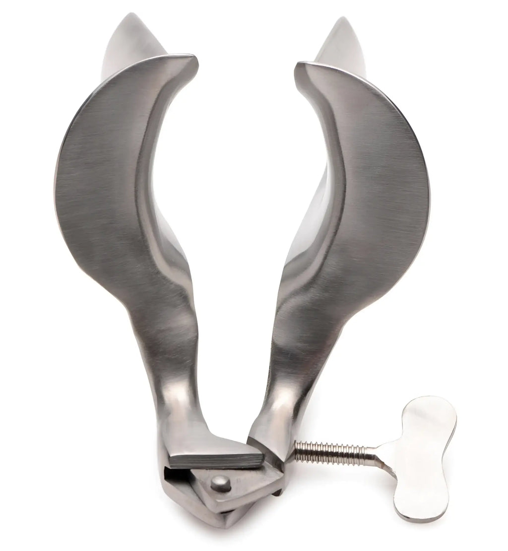 Kink Industries Collins speculum: A silver, stainless steel, adjustable vaginal speculum with a manual screw handle.