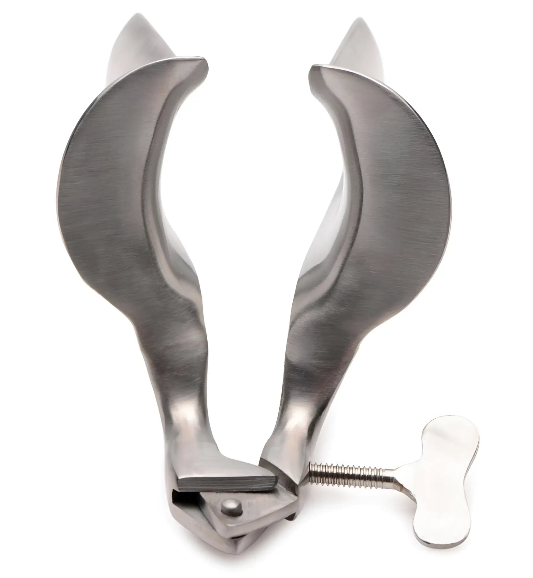 Kink Industries Collins speculum: A silver, stainless steel, adjustable vaginal speculum with a manual screw handle.