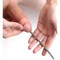 Kink Industries 8-inch silver metal urethral sound being inserted into the urethra.