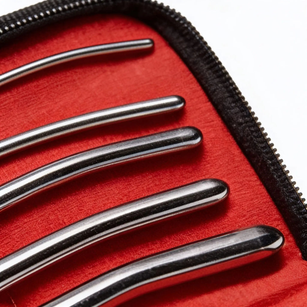 Kink Industries 8-inch silver urethral sounds arranged by size in a black zippered case with a red interior.