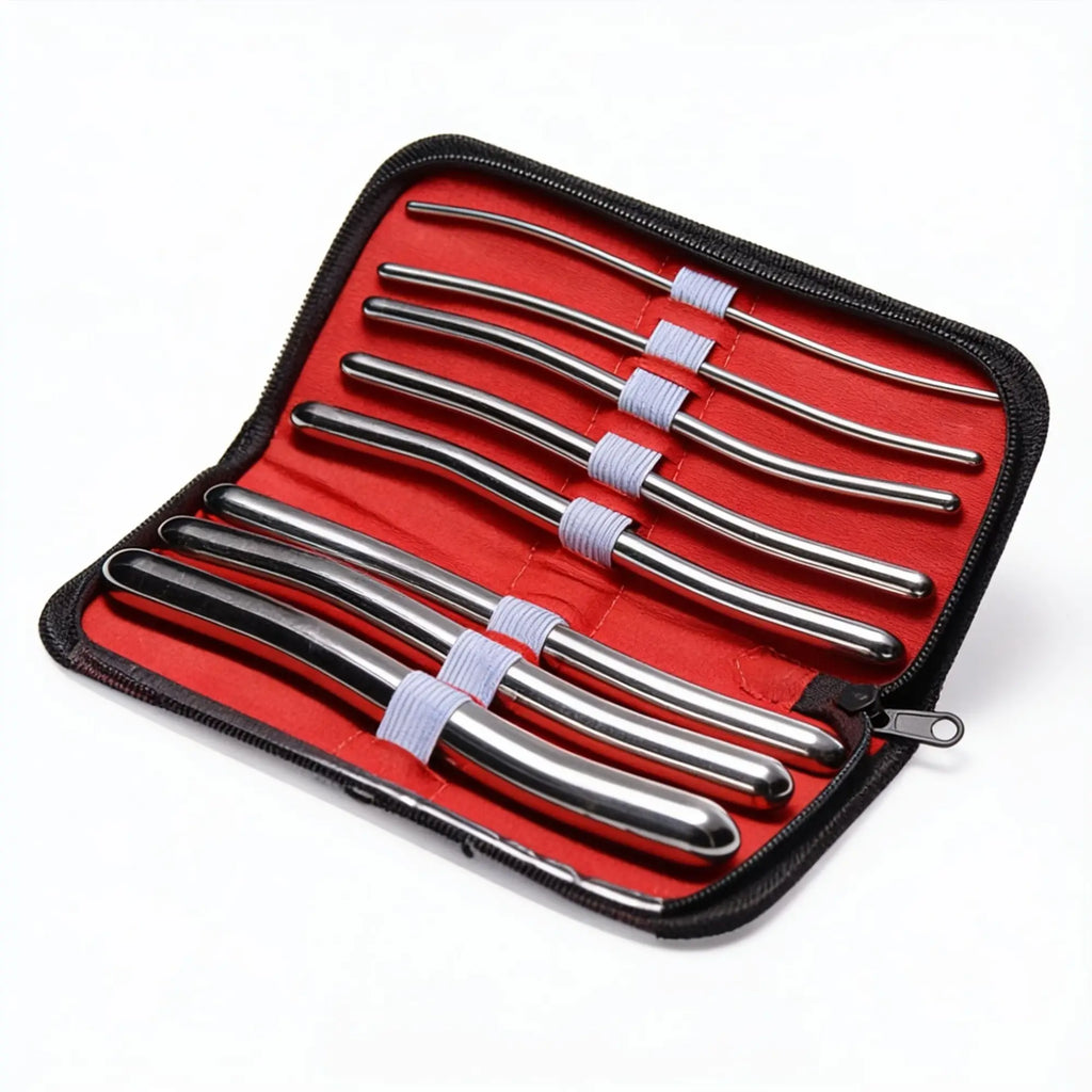 Kink Industries 8-inch Hegar urethral sounds: a set of graduated, curved silver-tone metal rods in a red-lined case.