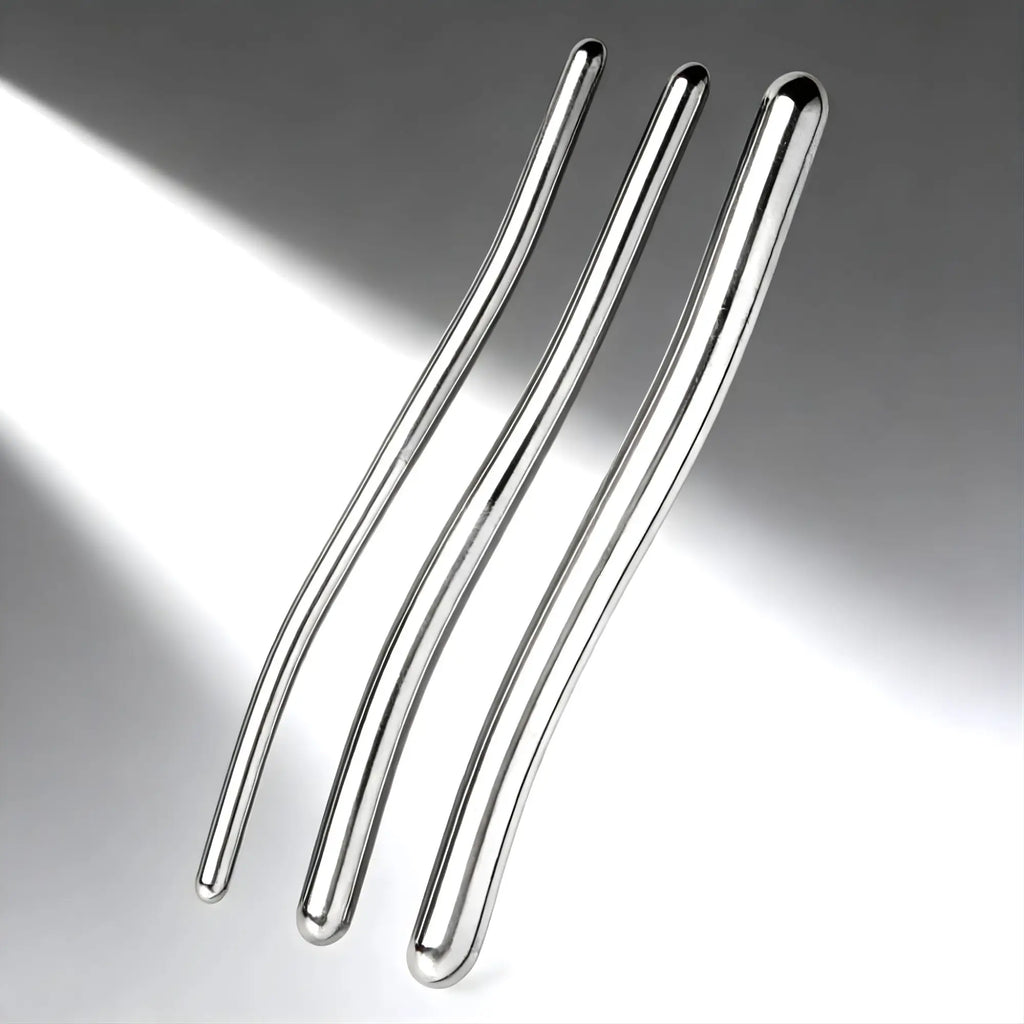 Three chrome-plated Kink Industries Hegar Urethral Sounds of varying diameters, shown against a gradient grey background.