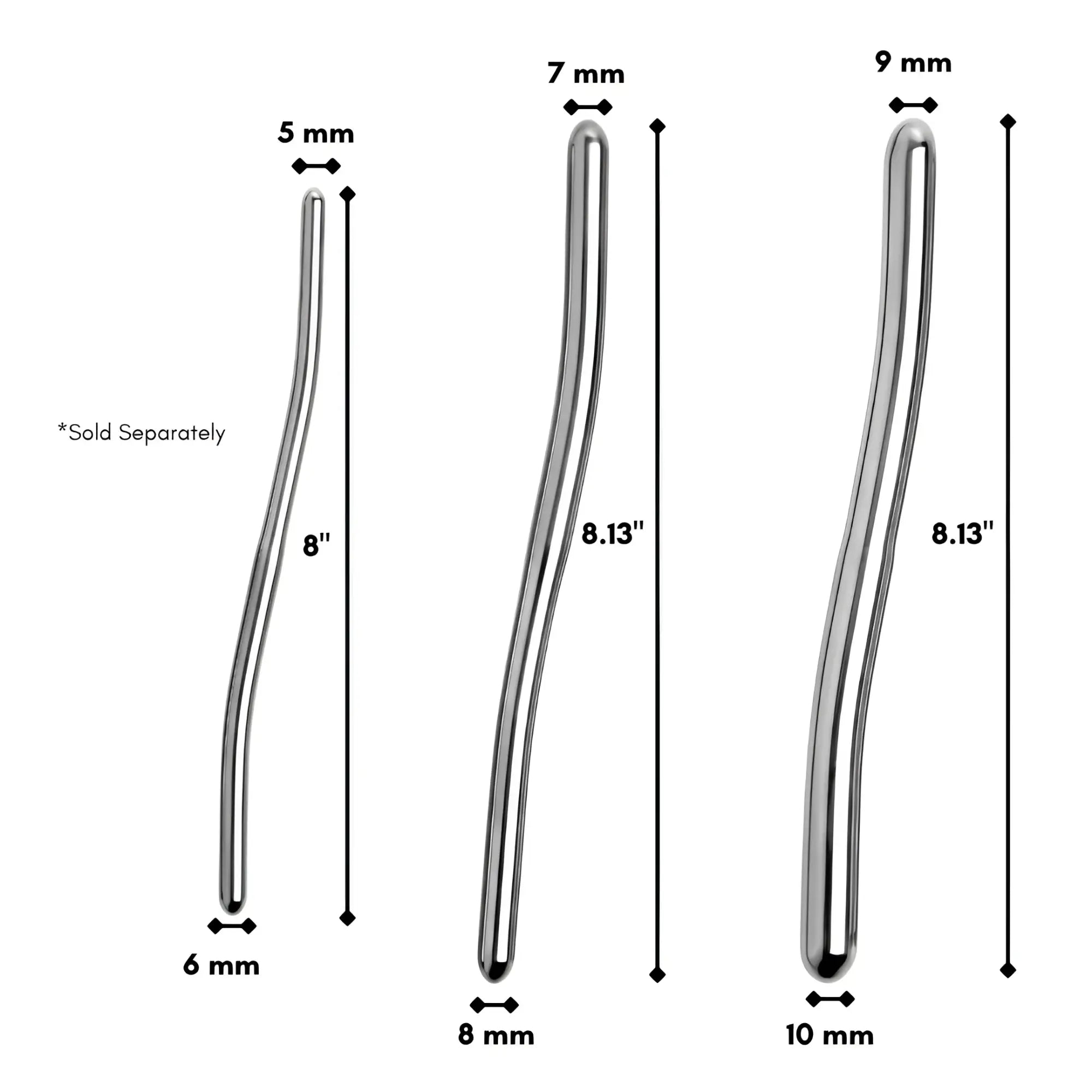 Three silver Kink Industries Hegar Urethral Sounds shown with labeled lengths and diameters on a white background.