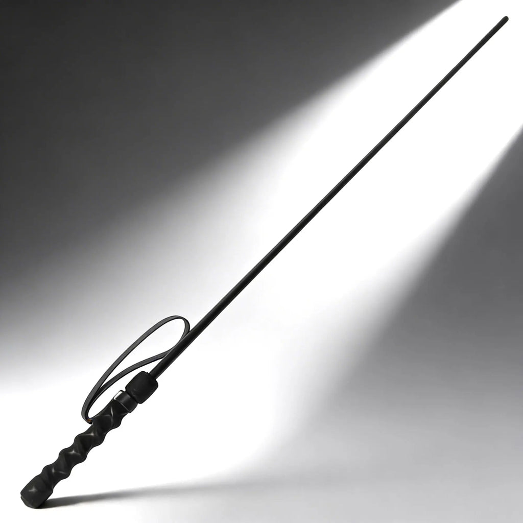 Kink Industries The Intense Impact Cane: a thin black cane with a textured handle and wrist strap on a gray background.