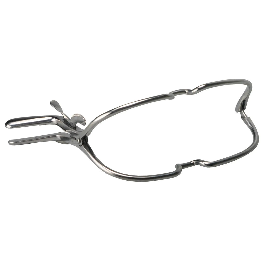 Kink Industries Jennings dental mouth gag: A silver, stainless steel, hinged oral spreader tool against a white background.