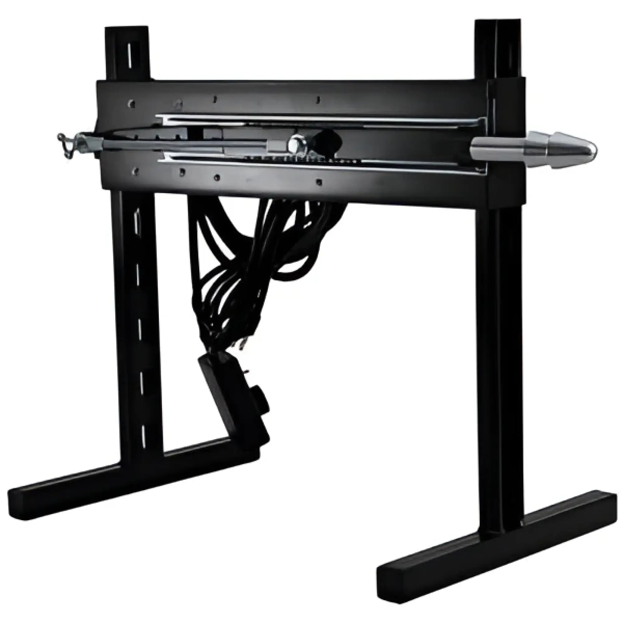Kink Industries The Plow Fucking Machine: A black, industrial metal stand with a central motor and silver probe.