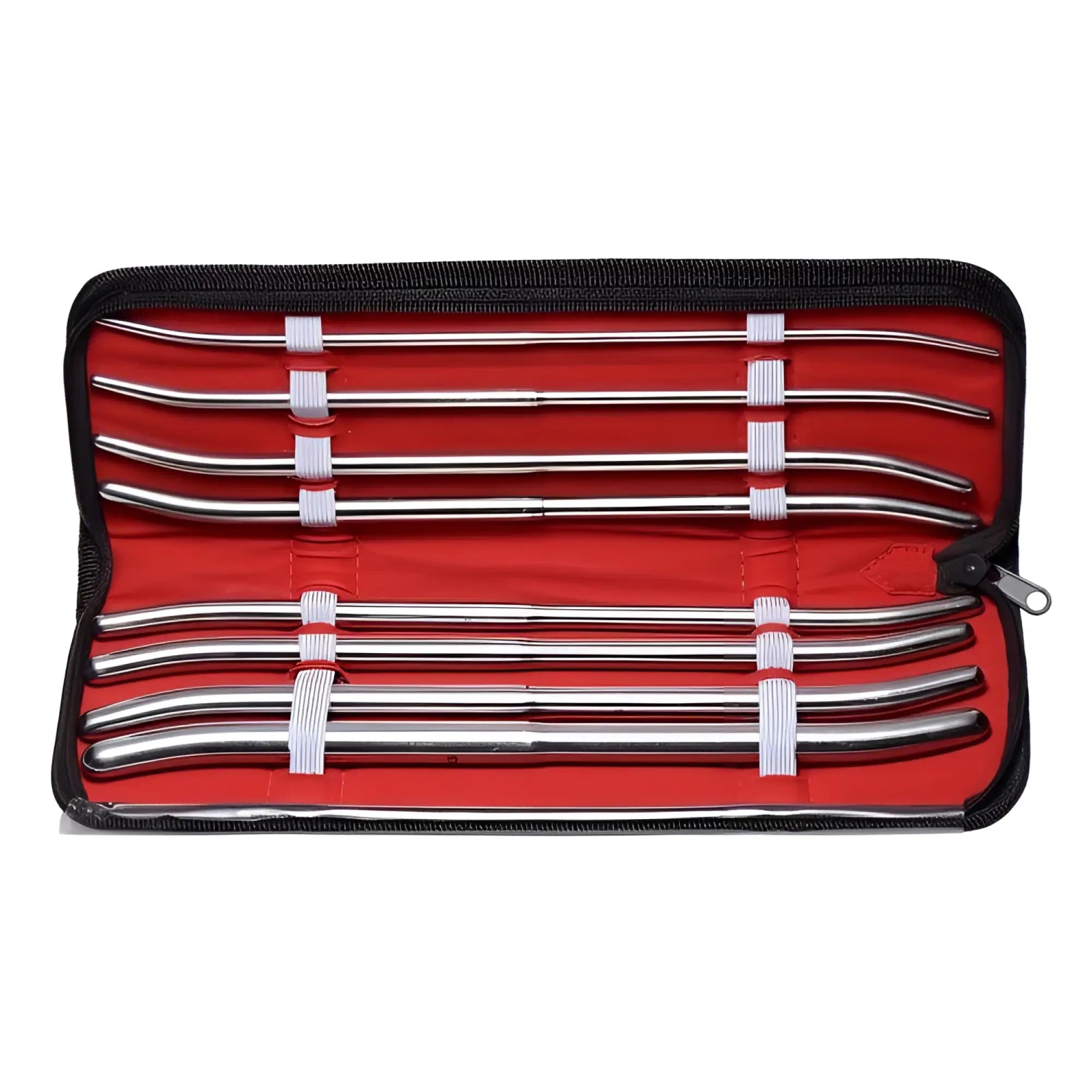 Kink Industries 11-inch Pratt urethral sounds set featuring silver stainless steel rods in a red, zippered storage case.