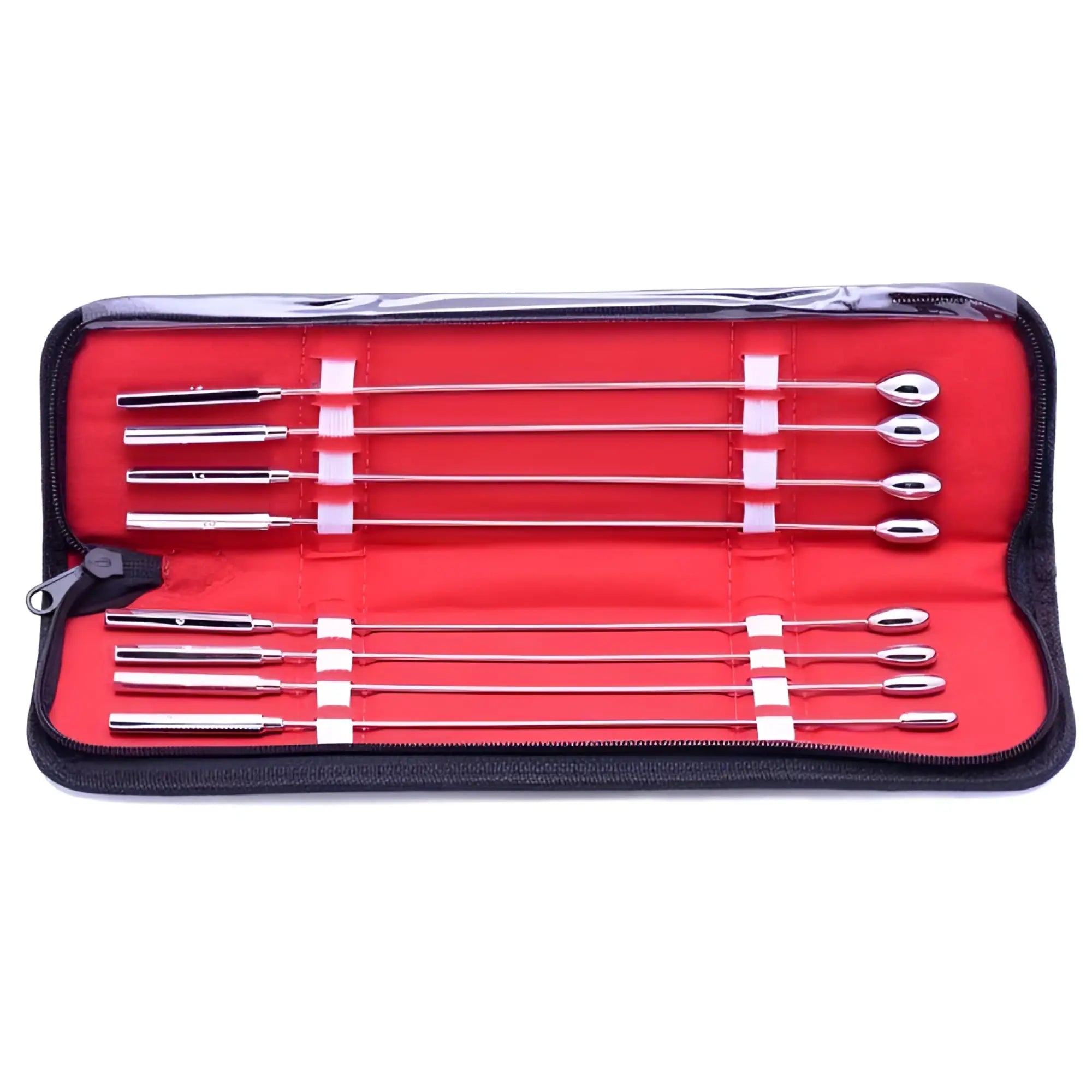 Kink Industries Rosebud Urethral Sounds Kit: A set of silver stainless steel sounding rods in a red-lined black case.