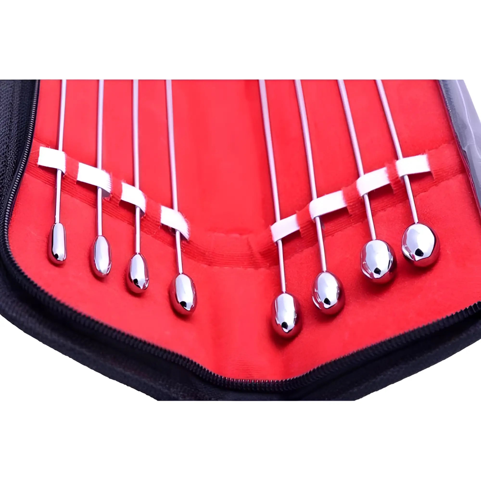 Kink Industries Rosebud Urethral Sounds Kit with chrome bulb-tipped metal probes organized in a red velvet lined case.