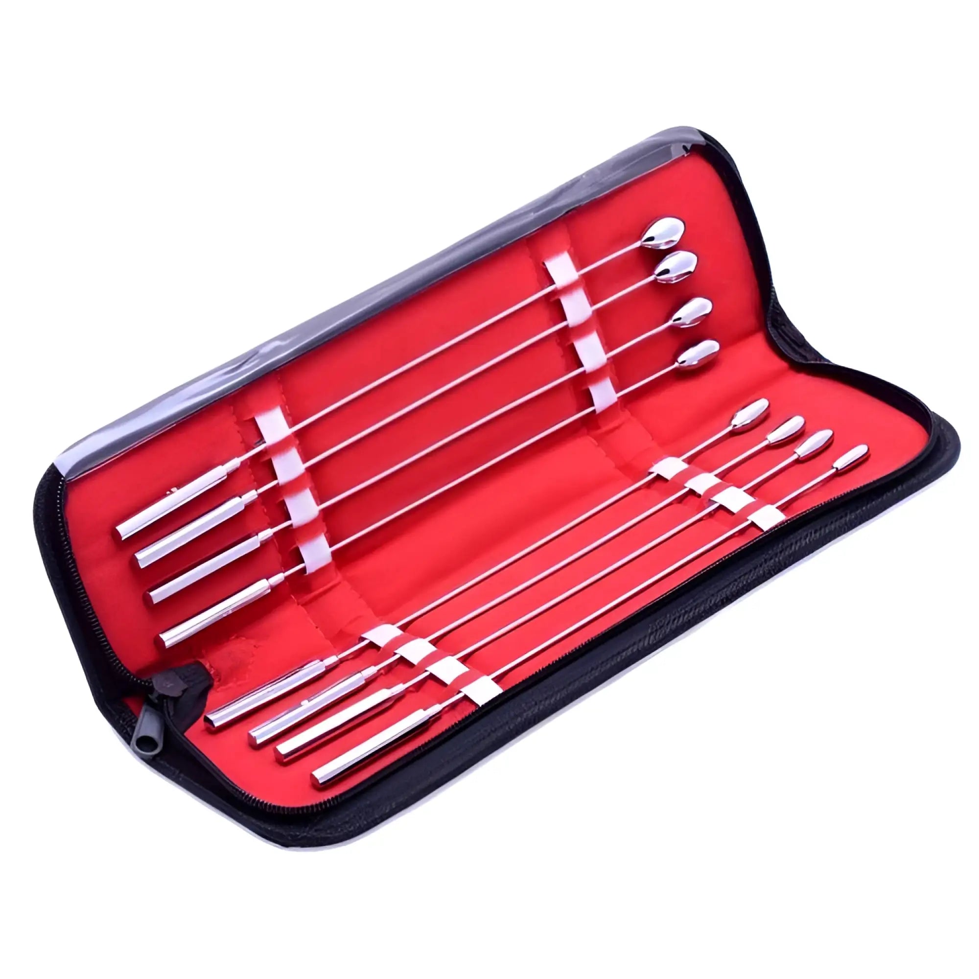 Kink Industries Rosebud Urethral Sounds Kit: A set of silver stainless steel metal rods in a black case with red lining.