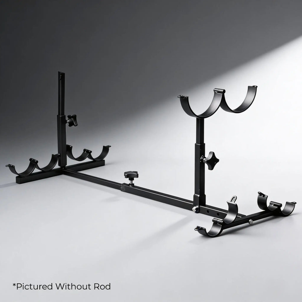 Kink Industries black metal stockade frame with adjustable upright supports and cradles, shown without the optional rod.