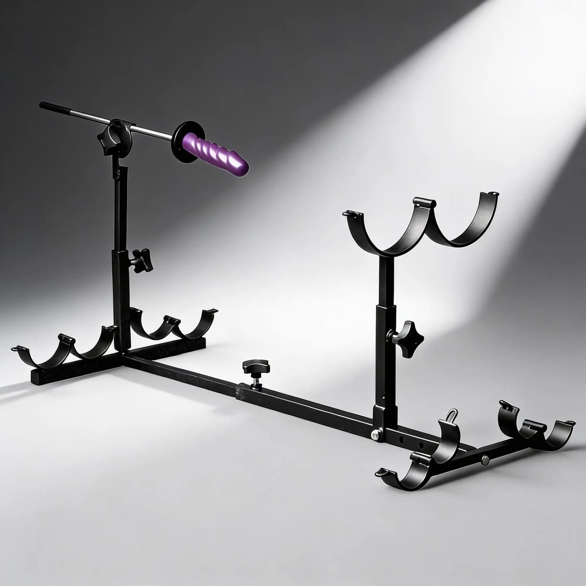 Kink Industries black metal stockade with adjustable restraints and an attached purple, ribbed silicone sex toy.