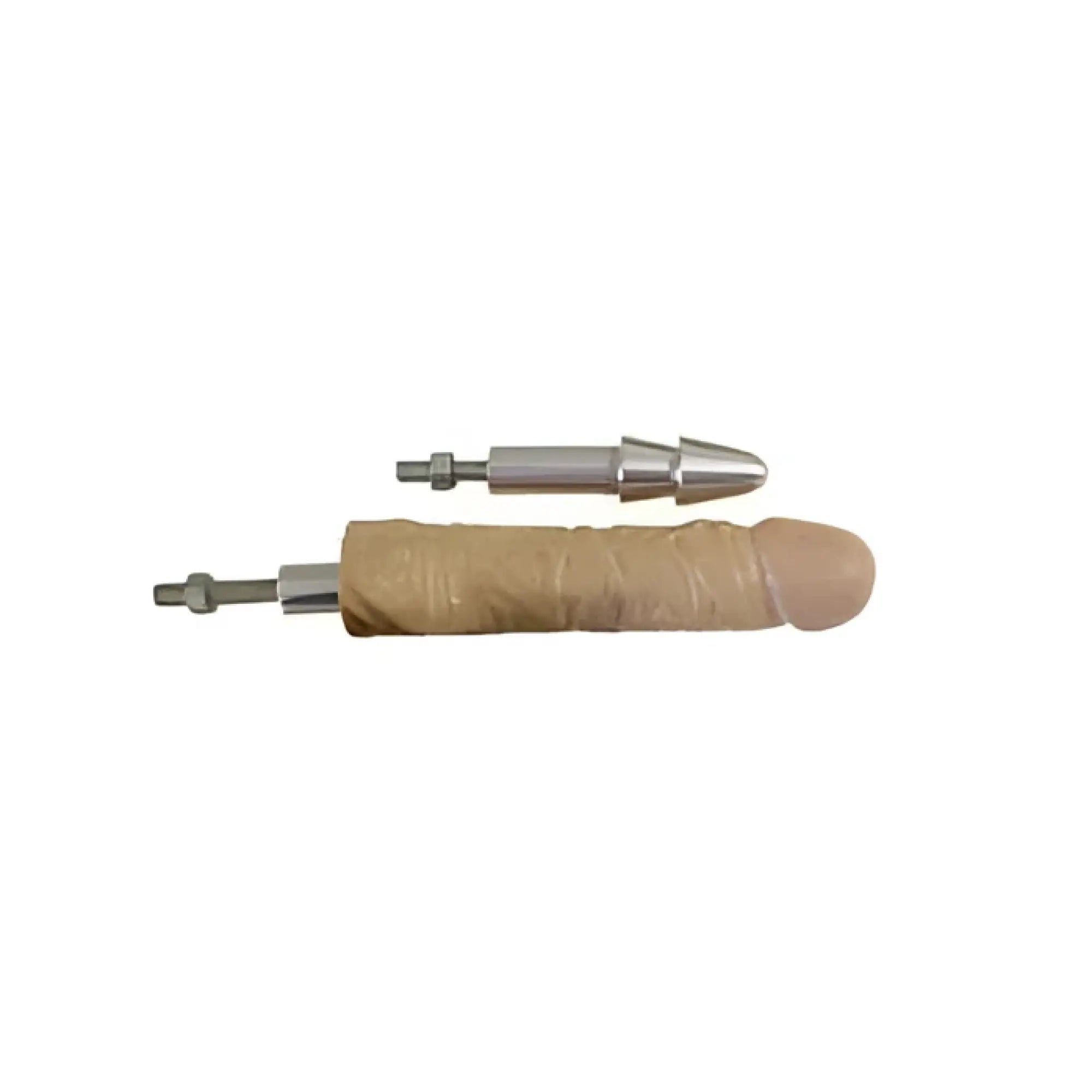Kink Industries Vac-U-Lock adapter with a tan dildo attachment and a separate silver metal connector on white.