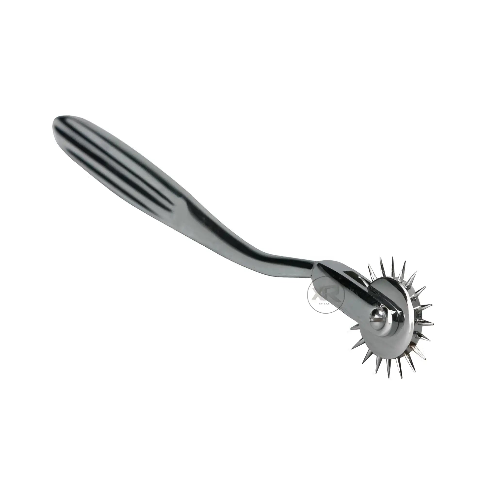 Kink Industries Wartenburg Wheel: A shiny chrome neurological pinwheel with a ribbed handle and integrated sheath.