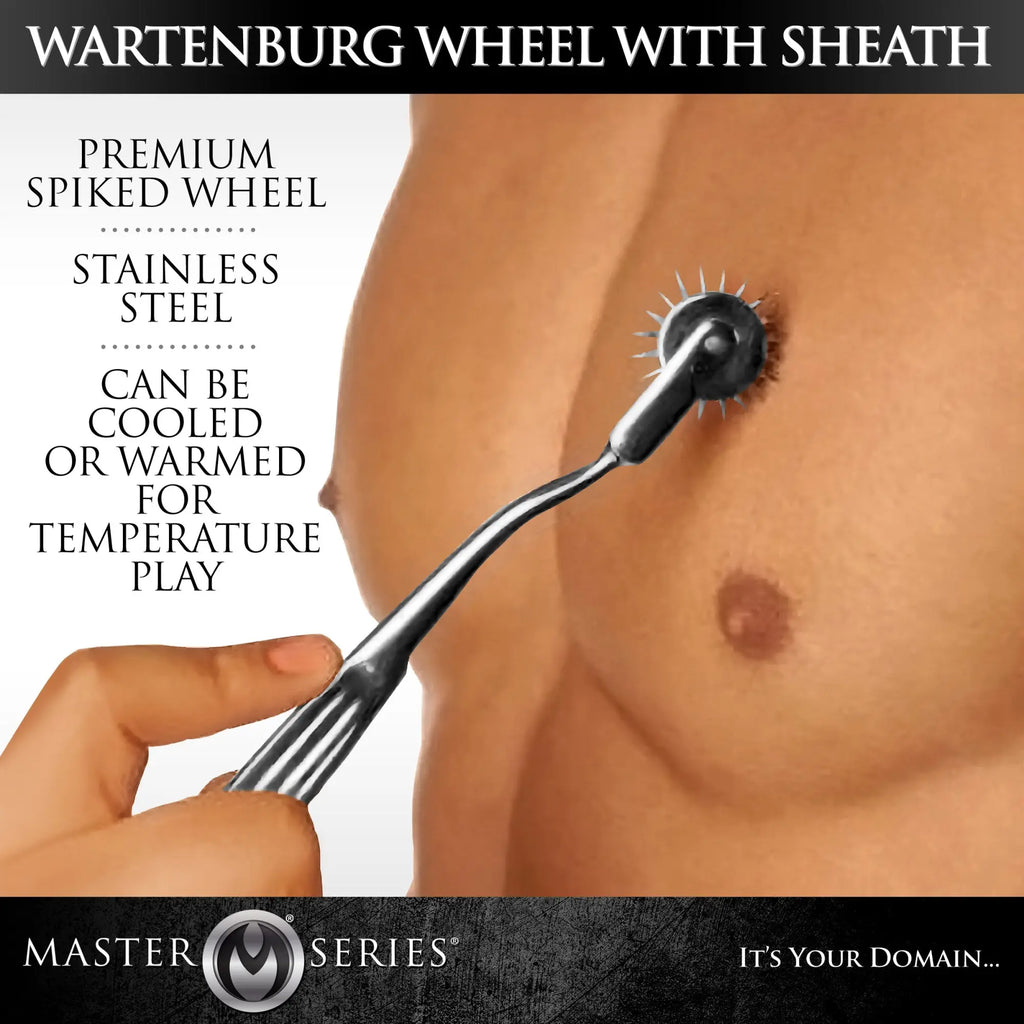 Kink Industries stainless steel Wartenburg wheel being used on a nipple, with text promoting temperature play.