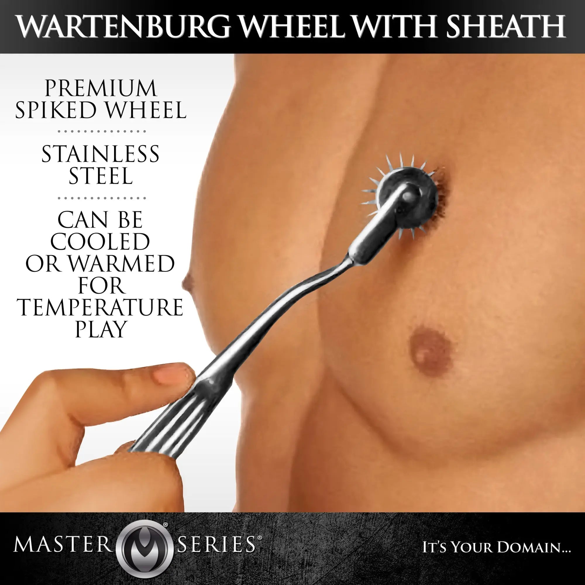 Kink Industries stainless steel Wartenburg wheel being used on a nipple, with text promoting temperature play.