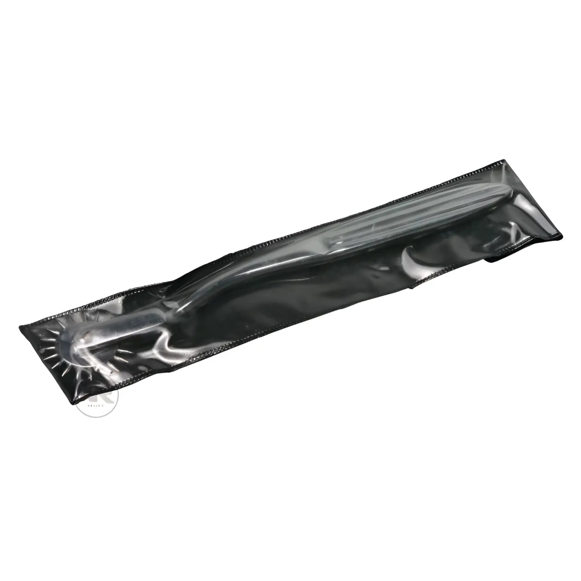 Kink Industries Wartenberg wheel, silver metallic, in a black plastic protective sheath.