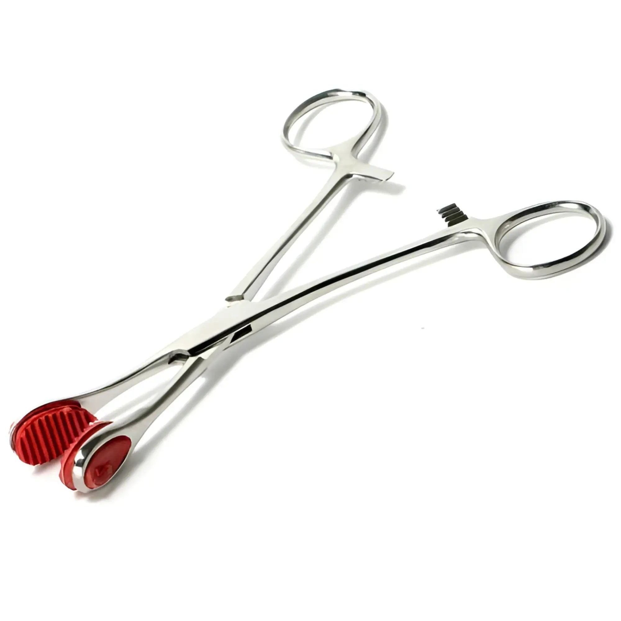 Kink Industries Young Forceps: A stainless steel, scissor-style clamp featuring ridged red silicone-tipped jaws.
