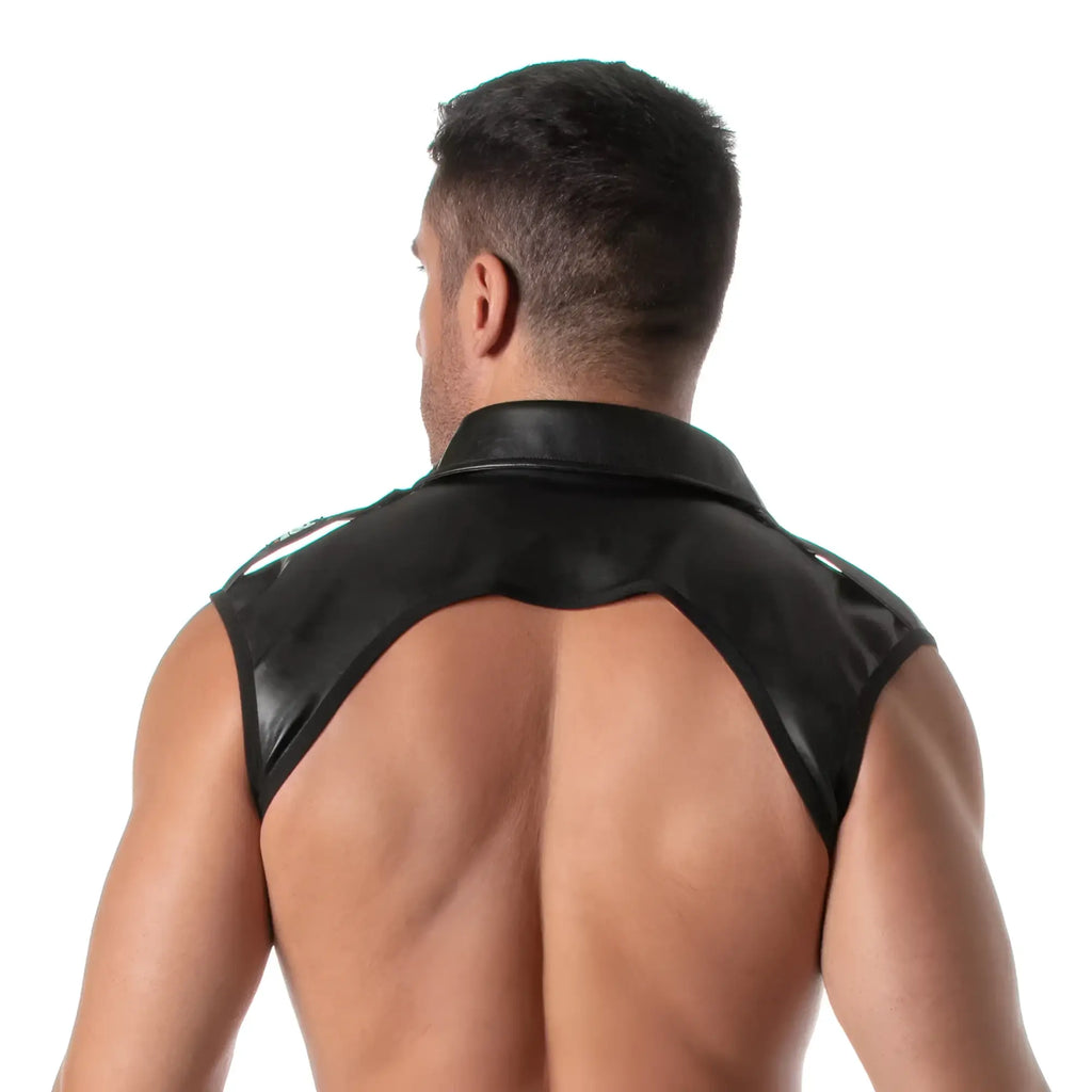 Black faux leather sleeveless vest with collar and cutout back design shown from the back for edgy styling