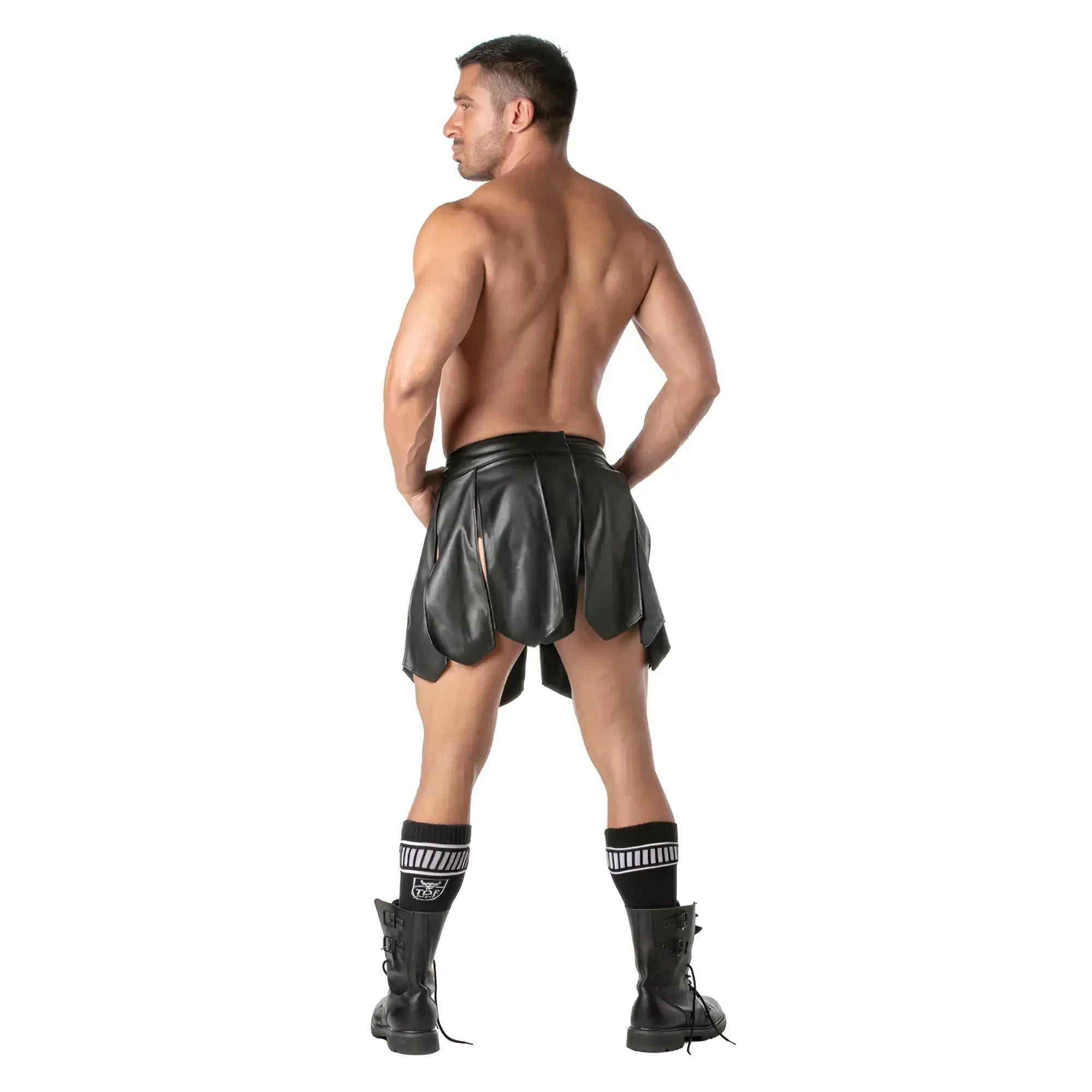 Black leather kinky gladiator skirt with flared pleated design and side slits in front view
