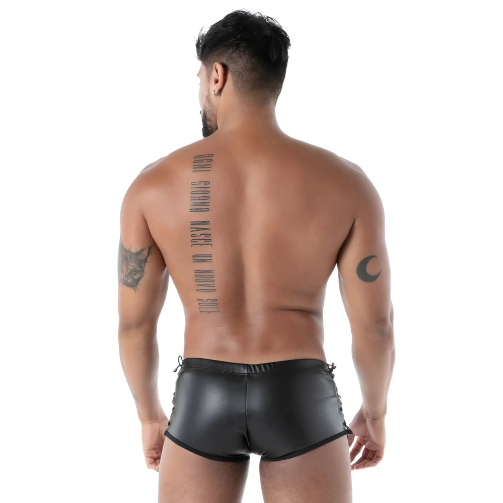 Black faux leather briefs kinky laced trunk with side ties and sleek form fitting design