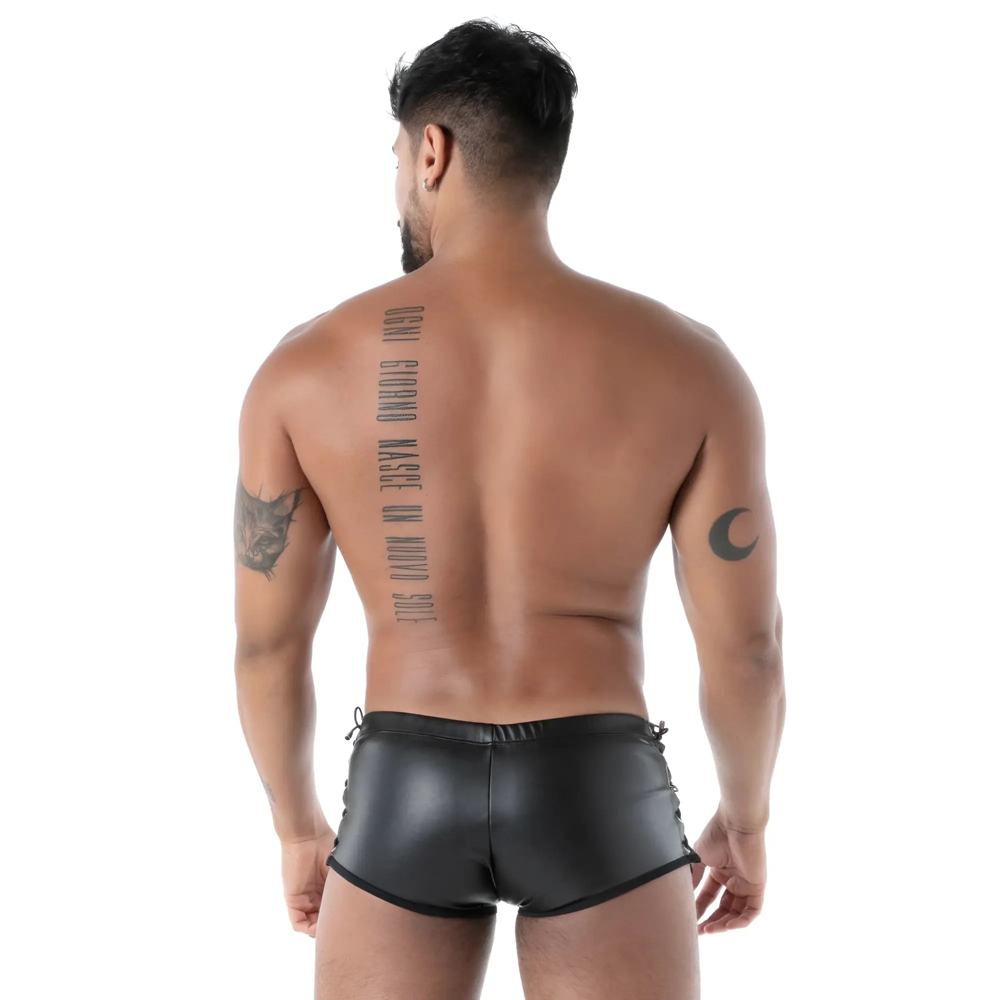 Black faux leather briefs kinky laced trunk with side ties and sleek form fitting design