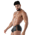 Black leather lace-up briefs kinky laced trunk showcasing the front with detailed lacing and fitted design