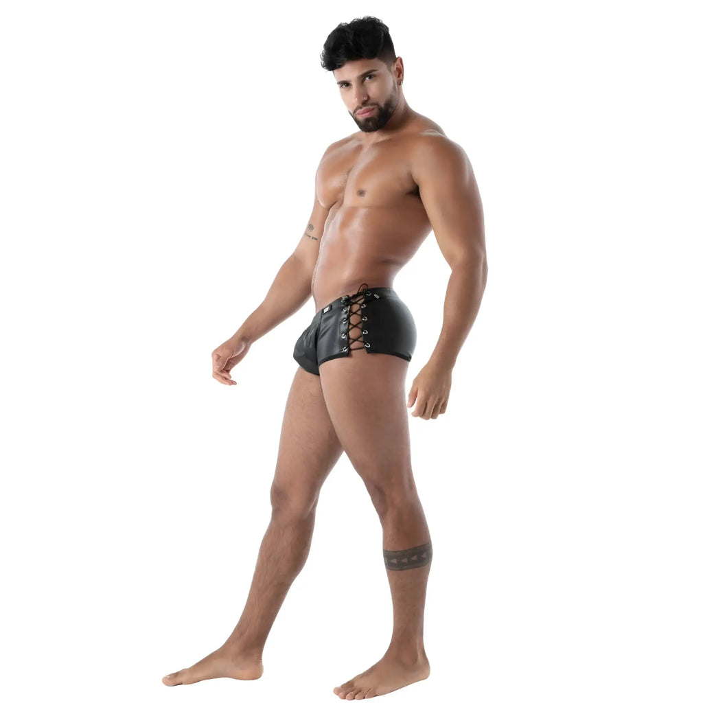 Black leather briefs with lace-up front detail called kinky laced trunk designed for edgy fashion wear