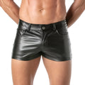Black patent leather kinky mini shorts with sleek glossy finish and classic five-pocket design