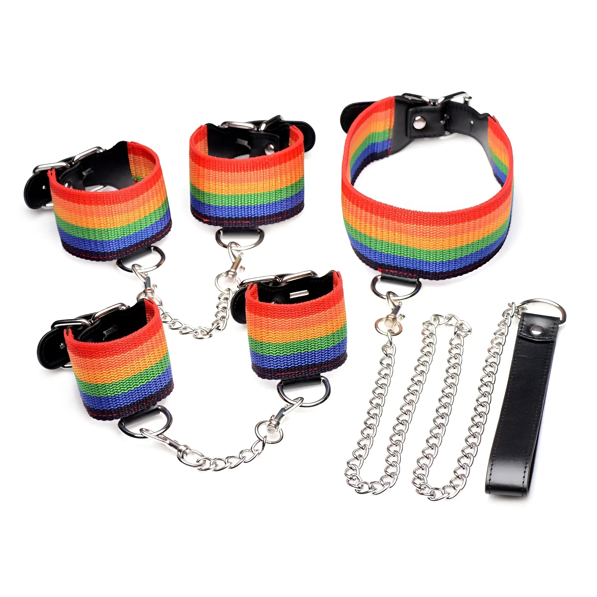 Kinky Pride rainbow bondage set featuring rainbow-striped fabric with black metal hardware and silver chains