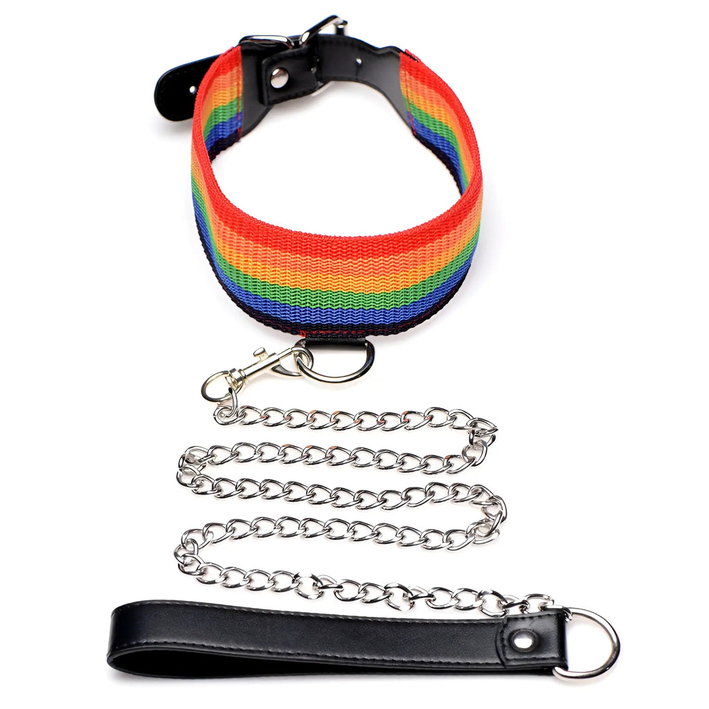 Kinky pride rainbow bondage set with rainbow-striped fabric collar black leather accents and silver chain leash