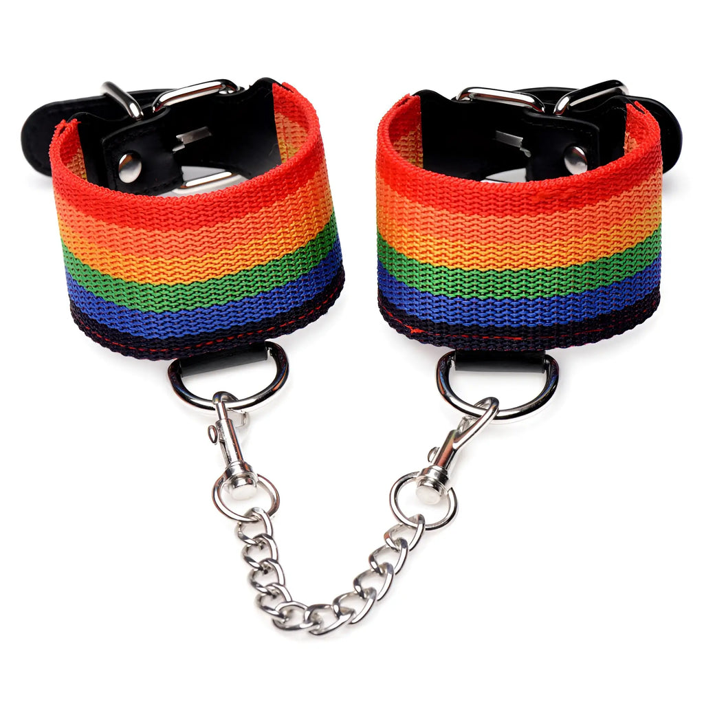 Kinky pride rainbow bondage set rainbow striped fabric wrist cuffs with black leather accents and a silver chain link