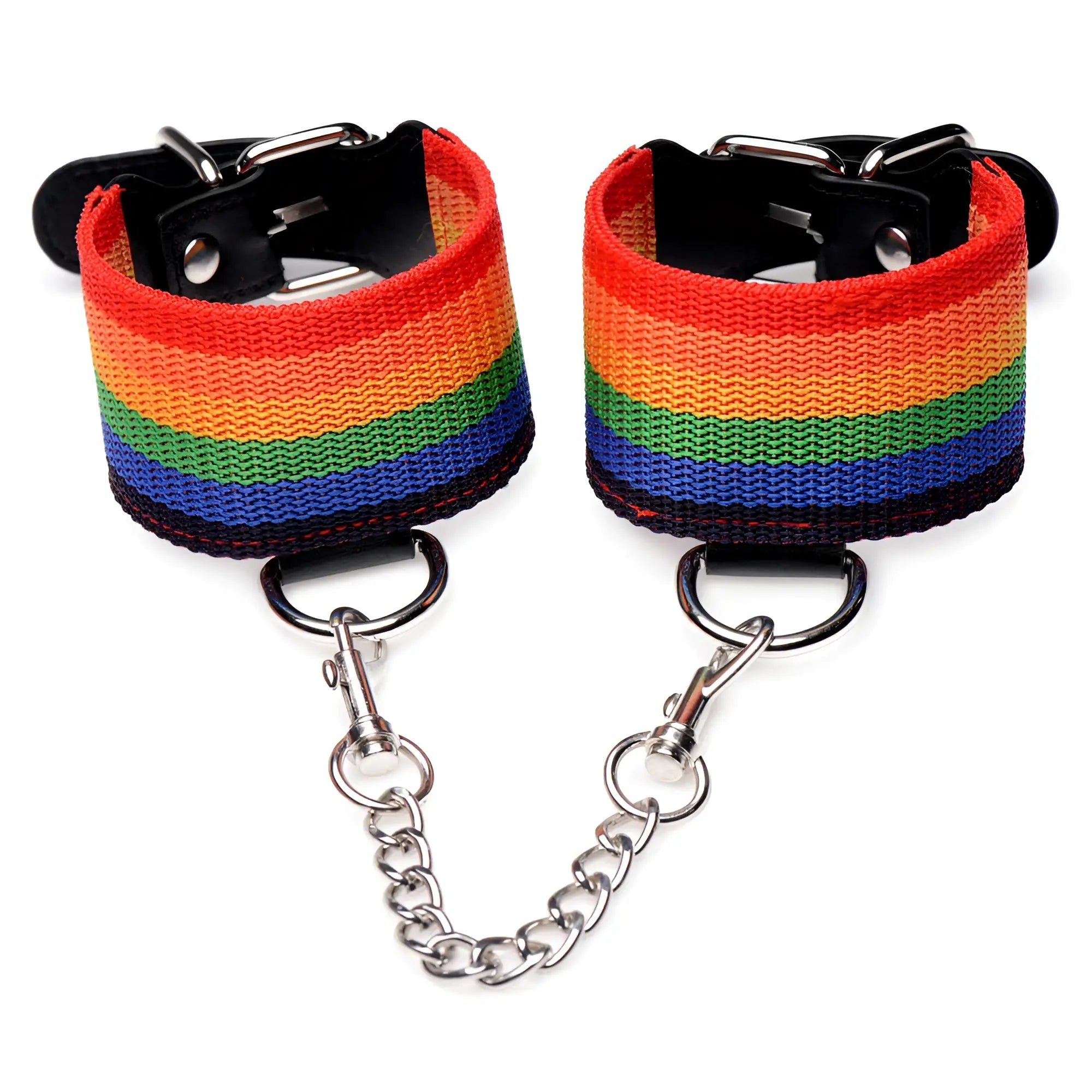 Kinky pride rainbow bondage set rainbow striped fabric wrist cuffs with black leather accents and a silver chain link