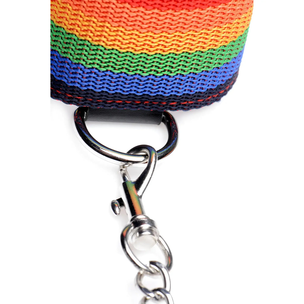 Rainbow-striped woven fabric keychain with silver metal clasp and chain from kinky pride rainbow bondage set