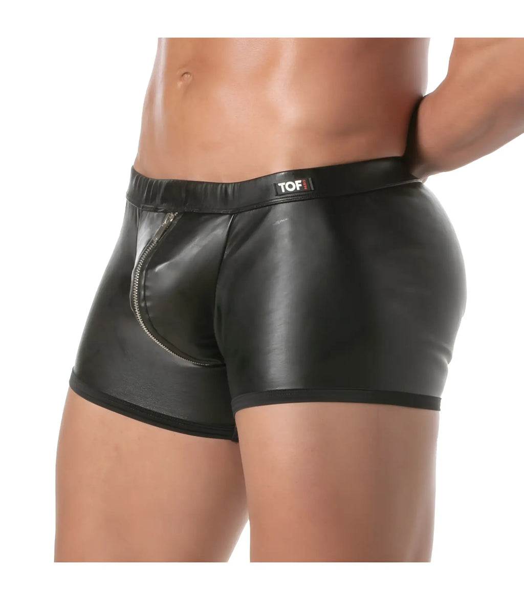 Black faux leather kinky zipped push-up boxer briefs with front zipper detail for edgy lingerie style