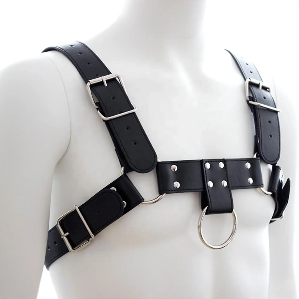 Black leather bulldog harness with silver-toned metal buckles and rings designed for strong secure fit